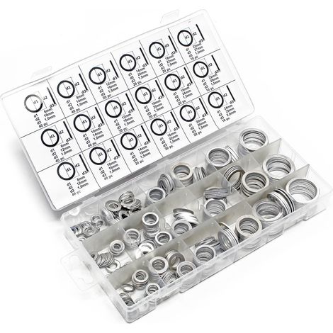 Wiltec Aluminium Dichtring Set 450 teilig, Satz Dichtungsringe in übersichtlicher Kunststoffbox, O Ring Sortiment in verschiedenen Größen (1/4)