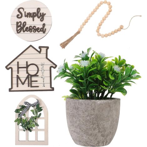 Décoration Plateau à Plusieurs Niveaux Rustique Fermette avec Plantes Artificielles et Panneaux Bois Décor Printemps pour Cuisine et Centre de Table (1/5)