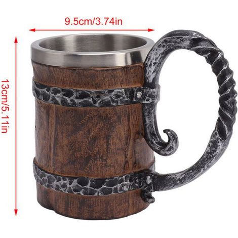 Chope à bière avec anse, double paroi en acier inoxydable et fût en bois, 550 ml (1/5)
