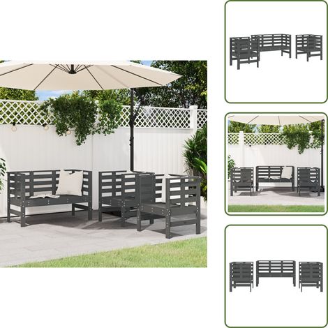 3-tlg. Garten-Lounge-Set Grau Massivholz Kiefer - Gartenmöbel - Loungesessel - Gartenloungeset - Kiefernholzmöbel - Rattan Möbel