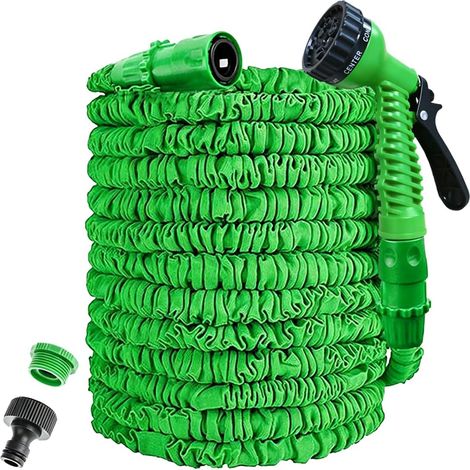 Tuyau d'arrosage extensible avec buse de pulvérisation 8 fonctions - Tuyau d'arrosage extensible 3 fois - Petit tuyau d'arrosage magique court avec raccords de 1,9 cm, 1,27 cm (7,5 m, vert) (1/5)