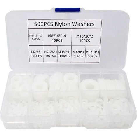 KZQ Kit surtido de 500 arandelas planas de nailon, arandelas planas aisladas, juntas redondas y anillos de sellado para tuberías, M2/M2.5/M3/M4/M5/M6/M8/M10 (Blanco) (1/4)