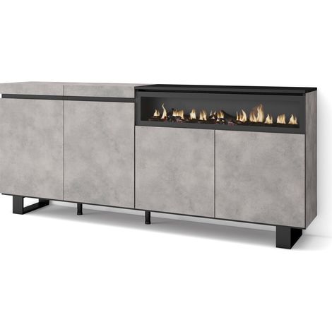 Skraut Home - Aparadores para salón, Gran capacidad de almacenaje, 200x87x35cm, 4 Puertas, Chimenea eléctrica, Diseño industrial, Estilo Moderno, Gris Cemento (1/5)