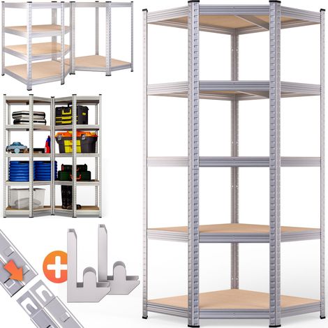 MONZANA® 5 Tier Freestanding Corner Shelving Unit Heavy Duty Plug-In Units Industrial Racking Warehouse Shed Workshop Storage 180x70x40cm 875KG Capacity/175KG Per Shelf Silver (1/9)