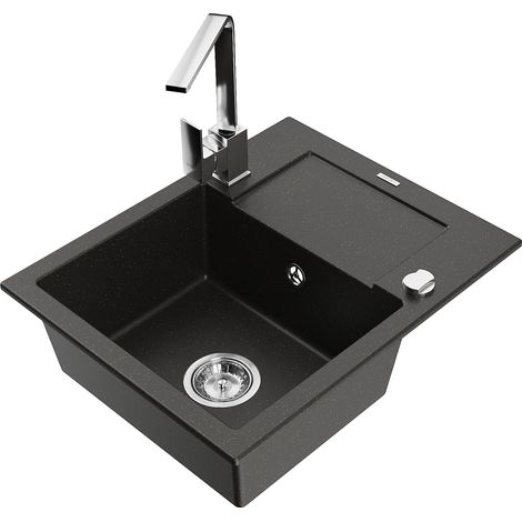 Mexen Enzo 1 Becken-Granitspüle mit Abtropffläche und Mischbatterie Rita, Schwarz/Gold metallisch - (1/5)