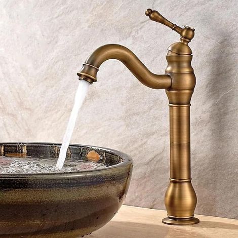 Robinet de cuisine en laiton antique, robinet de salle de bain vintage long, robinet d'évier à poignée unique, eau chaude et froide, or brossé