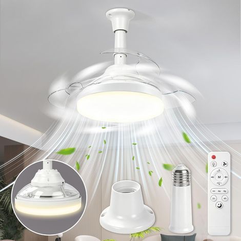 Ventilateur Plafond avec Lumiere, 43CM Lustre Ventilateur de Plafond Pliable avec Douille E27 et Telecommande, Petit Lampe Ventilateur pour Chambre Salon, 3 Pales Cachées,3 Vitesses,Timing (1/5)