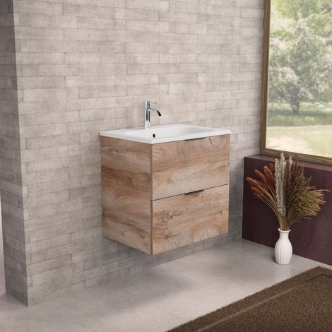 Inda - Meuble de salle de bain L.60 avec vasque mate / Chêne (1/5)