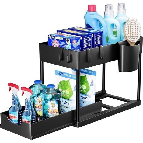 Rangement sous évier 2 niveaux – Tiroirs amovibles – Dimensions 40x17.2x33.5 cm – 4 crochets et pot suspendu inclus – Pour espaces restreints (1/5)