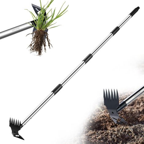 Extracteur de mauvaises herbes avec long manche de 148 cm, outil de jardinage manuel 2 en 1, râteau et binette de jardin, traction de désherbage (1/5)