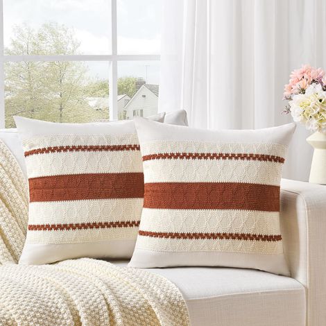 Lot de 2 Housses de Coussin Orange 30x50cm, Texture Tissée Rayée Boho, Décoration Moderne pour Canapé et Chambre (Sans coussin) (1/5)