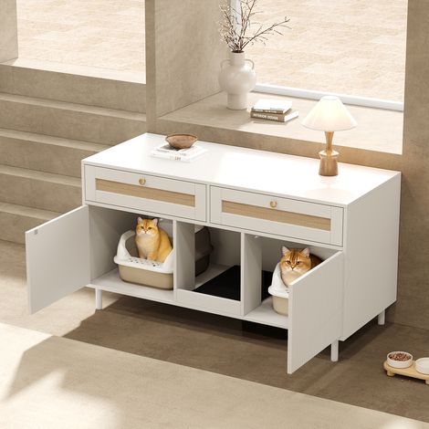 Meuble pour Litière Chat 120x50x65 cm avec Tapis Attrape-Litière et Tiroir Effet Rotin, Blanc