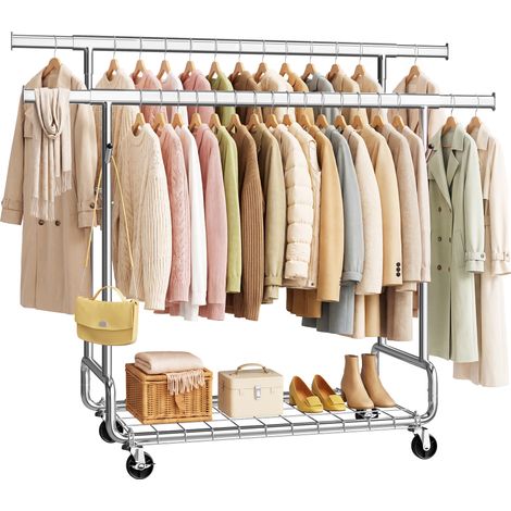 Portant à Vêtements Extensible sur Roulettes, Charge 270 kg, (107,6-149,8) x 52,5 x (144,2-164,2) cm, Argent (1/5)