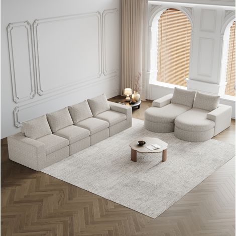 Canapé modulable chaise longue chenille beige 4 modules OKMYHOME (1/5)