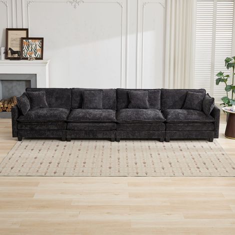 Canapé d'angle 4 places moderne, méridienne sans pouf, tissu chenille respirant noir, coussins d'assise double épaisseur confortables, pour salon, chambre et appartement, DE5014BK (1/5)