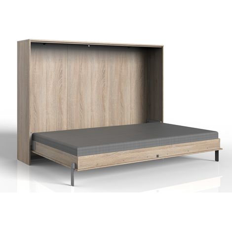 Lit escamotable horizontal coloris imitation chêne - Longueur 212 x Hauteur 154 x Profondeur 43-167 cm -PEGANE- (1/4)