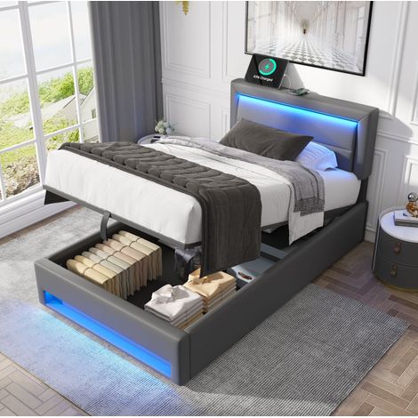 Cama con almacenamiento 90 x 190 cm con USB, carga inalámbrica, LED, sin colchón, gris HAVRYA (1/5)