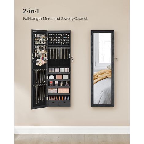 Songmics – Armoire à bijoux murale noire – 84 emplacements pour bagues, 90 fentes pour boucles d'oreilles, 32 crochets pour colliers – Verrouillable – JJC093B01 (1/5)