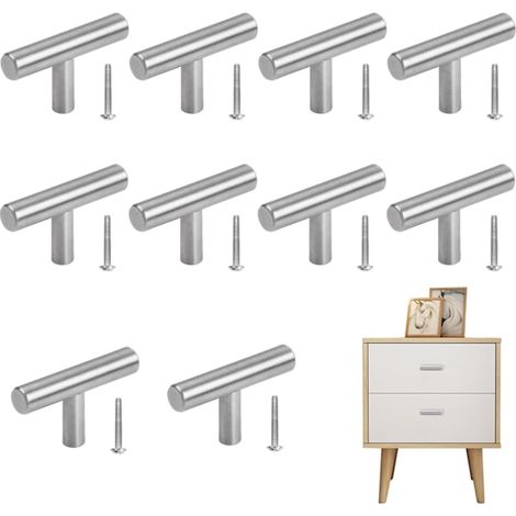 Lot de 10 poignées et boutons de meuble en acier inoxydable à un trou, couleur argent, avec vis. (1/5)