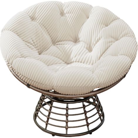 Fauteuil Papasan Rotatif en Résine Tressée et Acier, avec Coussin Épais en Velours Côtelé Blanc, Cadre Marron, Pour Intérieur et Extérieur (1/5)