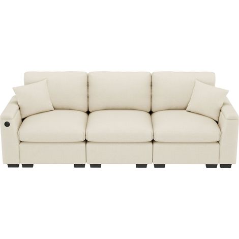 Canapé 3 places moderne en velours de chenille, avec coussins, table pliante, ports USB, porte-gobelets et rangement intégré,Beige (1/5)