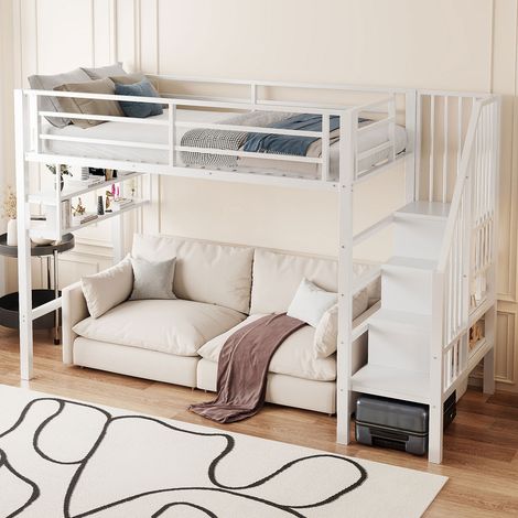 Lit mezzanine 90x200 cm - avec échelle de rangement - avec barrières - avec compartiment de rangement - blanc (sans matelas)
