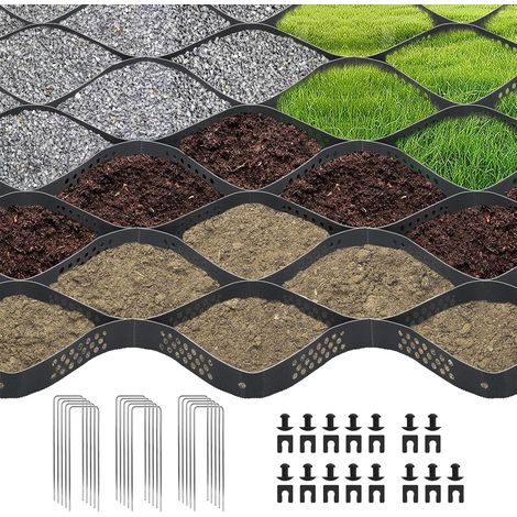 Grille de sol de gravier de 5,1 cm d'épaisseur, 3 x 10 m, tapis de base pour allée, pavés, jardin avec 15 piquets (noir, 10 x 3 m) (1/5)