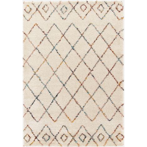 Tappeto shaggy per interni, stile berbero, crema e multicolore