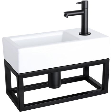 Differnz Ravo Set lave-mains 38.5x18.5x25cm 1 trou avec robinet droit et siphon + bonde noir mat - Vasque rectangulaire Céramique Blanc (1/5)