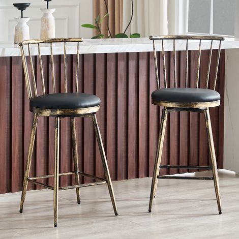 Tabouret de Bar avec Dossier Windsor, Assise Rembourrée, Structure Métal, PU, Noir Marron (1/5)