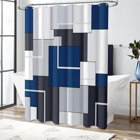Rideau de douche bleu Rideau de douche géométrique moderne Ensemble de rideau de douche de salle de bain bleu marine médiéval Rideau de douche indigo tressé gaufré blanc gris Décoration de salle (1/4)