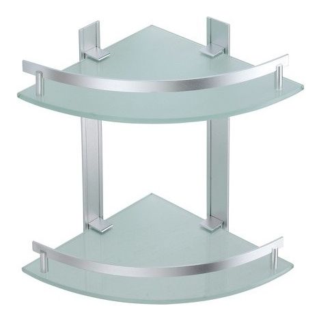 MSV – Étagère d'angle de douche 2 niveaux à fixer – Alu et verre satiné – Dimensions 25x25cm – Résistante et anti-corrosion – Vis incluses