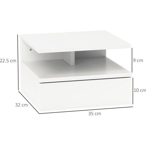 Table de chevet suspendue pour chambre à coucher avec tiroir et étagère en bois, 35 x 32 x 22,5 cm, blanche (1/5)