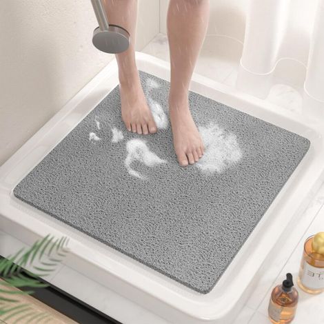 Gris Tapis de Douche Antiderapant, 53x53cm Tapis de Baignoire Antidérapant sans Ventouse, Doux PVC Luffa Tapis de Bain pour Salle de Bain, Séchage Rapide, Drainage Efficace, (1/5)