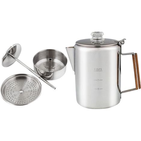 Cafetière percolateur en acier inoxydable avec bec en V, poignée en bois, multi-poêle compatible pour le camping pique-nique, argent 9 tasses 1400-2000ML (1/5)