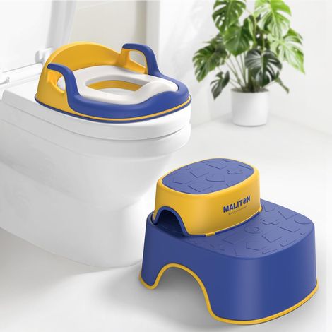 Rehausseur Toilette Enfant avec 2 Marches Pied Transportable, Reducteur Toilette de 1 à 8 Ans garçons et Filles, Coussin Anti-éclaboussures Reducteur de WC avec Marche Pied Bébé (Bleu-Jaune) (1/5)