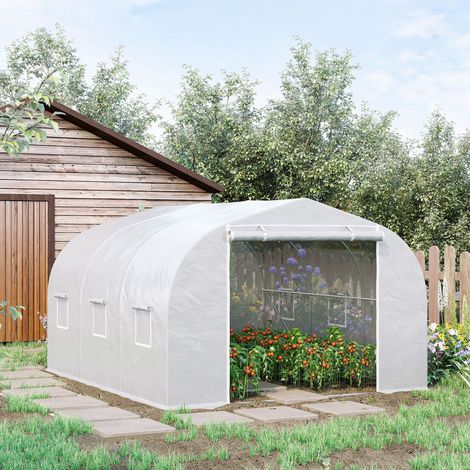 Outsunny Serre de jardin serre tunnel de Jardin dim. 3,5L x 3l x 2H m Porte + 6 fenêtres enroulables Acier galvanisé bâche PE Haute densité Blanc (1/5)