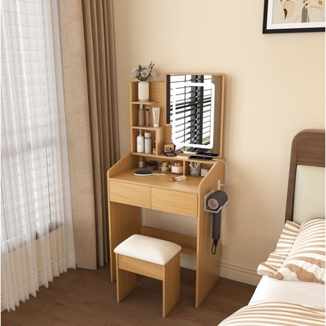 Tavolo da toeletta in MDF color legno naturale con specchio LED, 2 cassetti e sgabello imbottito (1/5)