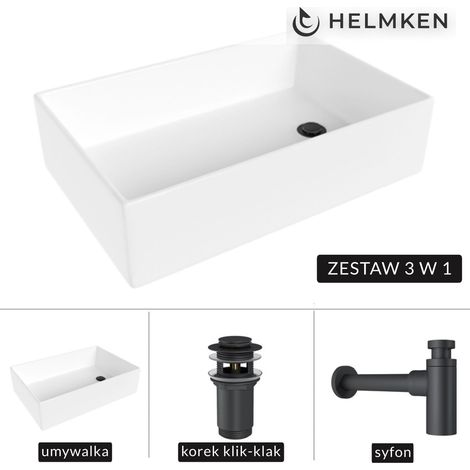 Helmken 51861000 Aufsatzwaschbecken (61x40) Weiß + Mattschwarzer Siphon + Mattschwarzer Klick-Klack-Verschluss (1/5)