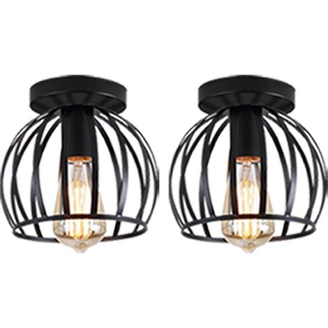Lámparas de Techo 2 Piezas, Vintage Planfones de Montaje Semi Empotrado de Metal Interior, Iluminación con Ø19.5cm Mini Jaula Redondo E27 Decorativo para Comedor, Dormitorio, Café (Negro)