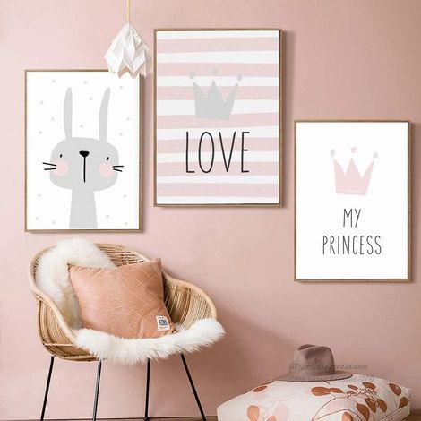 Tableau Enfant Fille - Affiche Coton Imperméable Sans Cadre - Motif Lapin Couronne Princesse Amour - Lot de 3 - Dimensions au choix S M L XL (1/5)