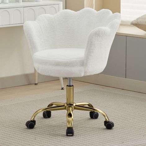 Wahson Bürostuhl höhenverstellbar aus Kunstfell, Blütenform Goldener Sockel höhenverstellbar mit Rollen ideal für Schminktisch& Schlafzimmer, Weiß