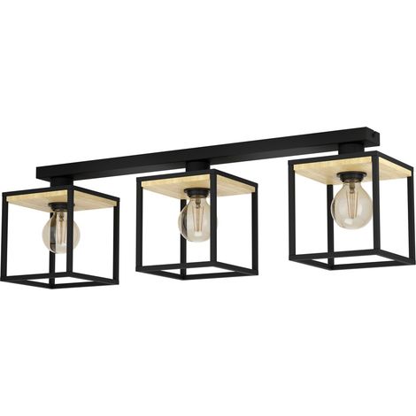 Lampe de plafond à 3 lumières Libertad noir avec bois - 99856 (1/3)