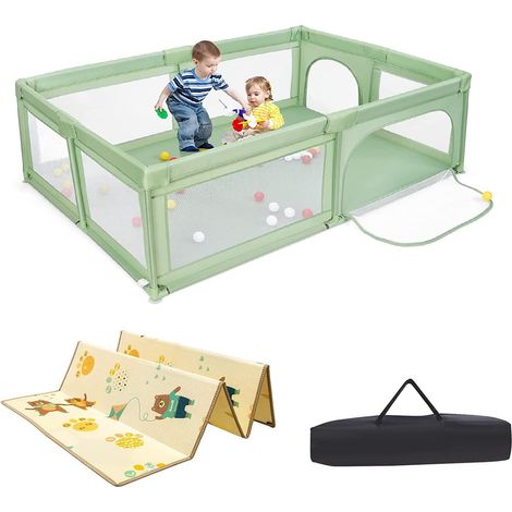COSTWAY Parque Infantil Bebe, Parque para Bebés y Niños, Centro Actividad Estable y Atóxico, Parque Anticaída con Pelotas, Red Transpirable y Cremallera Duradera (Verde) (1/5)