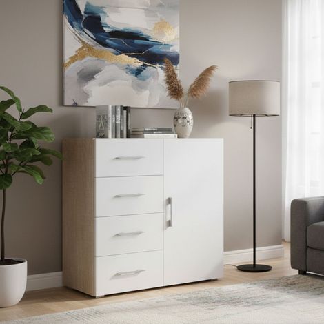 Dmora Kommode Violetta, Buffetschrank mit 1 Tür und 4 Schubladen, Wohnzimmer - Sideboard, Mehrzweckschrank mit Regalen, 100% Made in Italy, Cm 90x41h87, Weiß und Eiche (1/5)