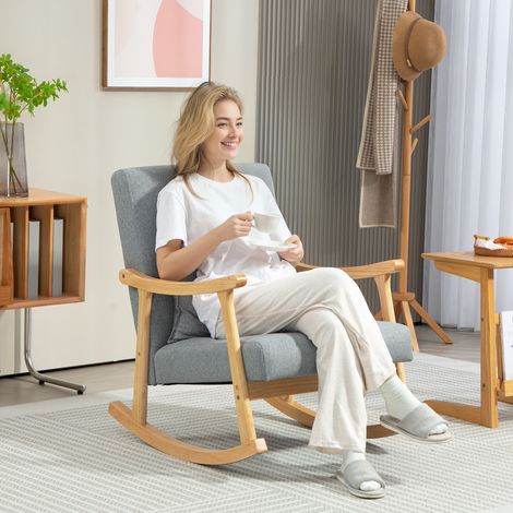 Silla Mecedora con Cojín Lumbar Respaldo Amplio y Base de Madera para Salón o Dormitorio 65x87x84 cm Gris Claro (1/5)