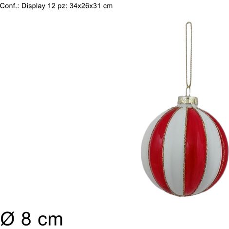 PALLA VETRO DIAMETRO 8 CM CON STRISCE ROSSO/BIANCO