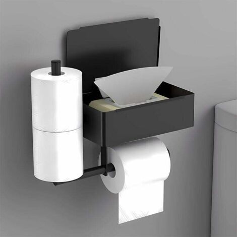 Porte Papier Toilette Noir Mural Support Papier Toilette sans Perçage en Inox avec 2 Porte Rouleau et Boîte à Lingettes Humides (1/4)