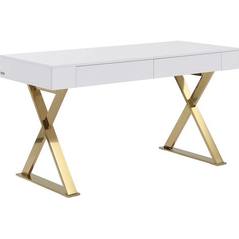 Scrivania con 2 cassetti MDF laccato e Metallo Bianco e Dorato - PLEISA (1/5)