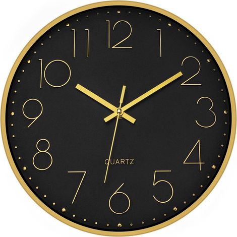 Runde Quarz-Wanduhr, 30 cm (12 Zoll), schwarz und gold, geräuschlos, batteriebetrieben, für Wohnzimmer, Küche, Schlafzimmer oder Büro.